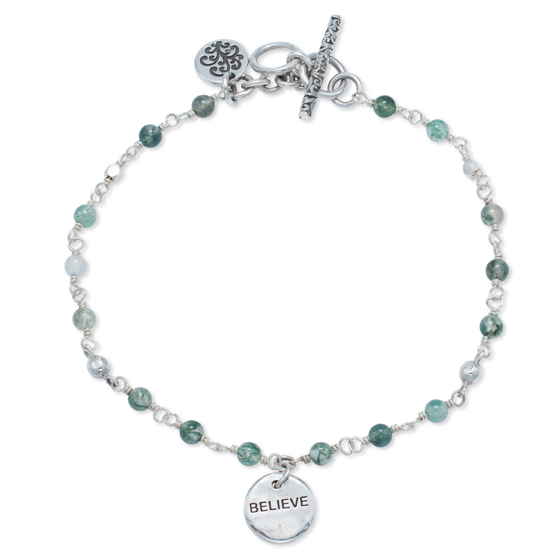 "Believe" Charm LH Scroll with Moss Agate 3mm Wire-Wrapped Bracelet