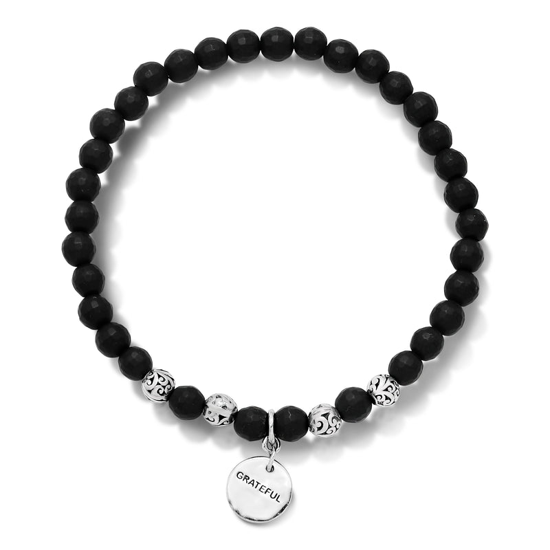 "Grateful" Charm with LH Scroll Bead and Matte Black Onyx 5mm Stretch Bracelet