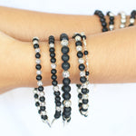 LH Scroll Bead with Matte Black Onyx Faceted Bead 4mm Alternate Stretch Bracelet