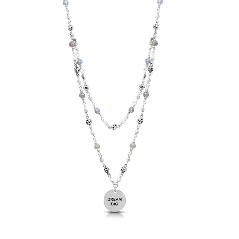 "Dream Big" Round Pendant with LH Scroll Bead 4mm & Faceted Labradorite 4mm Wire-Wrapped Double Strand Neckalce