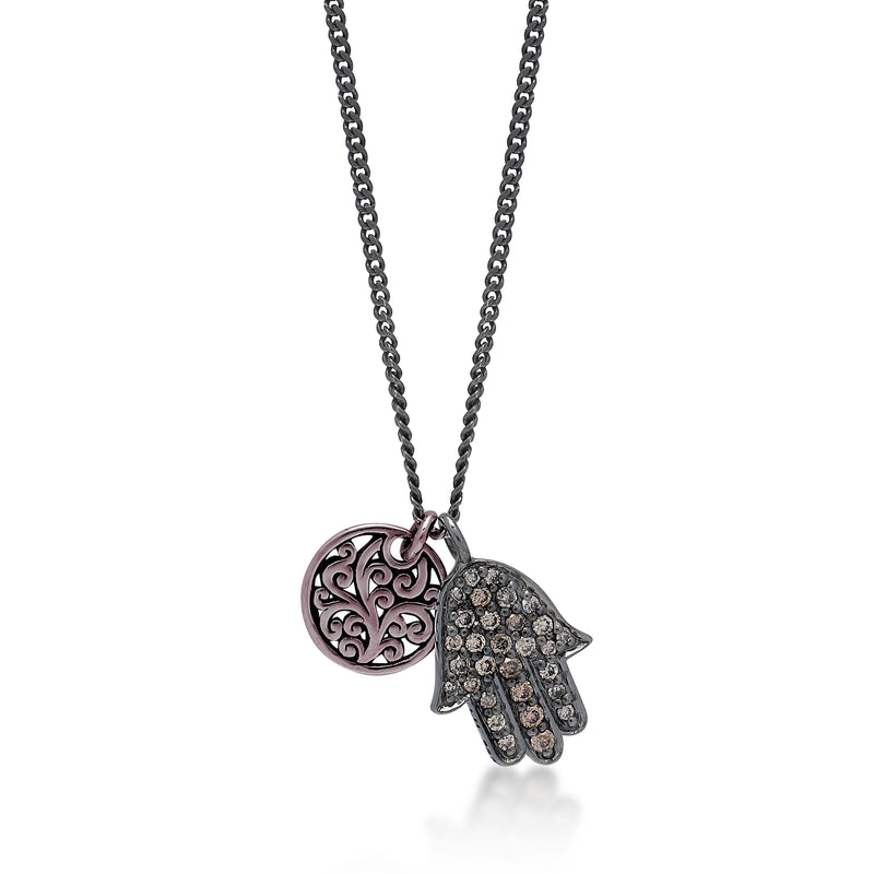 Brown Diamond Hamsa with LH Open Scroll Charm in Black Rhodium Plated Sterling Silver