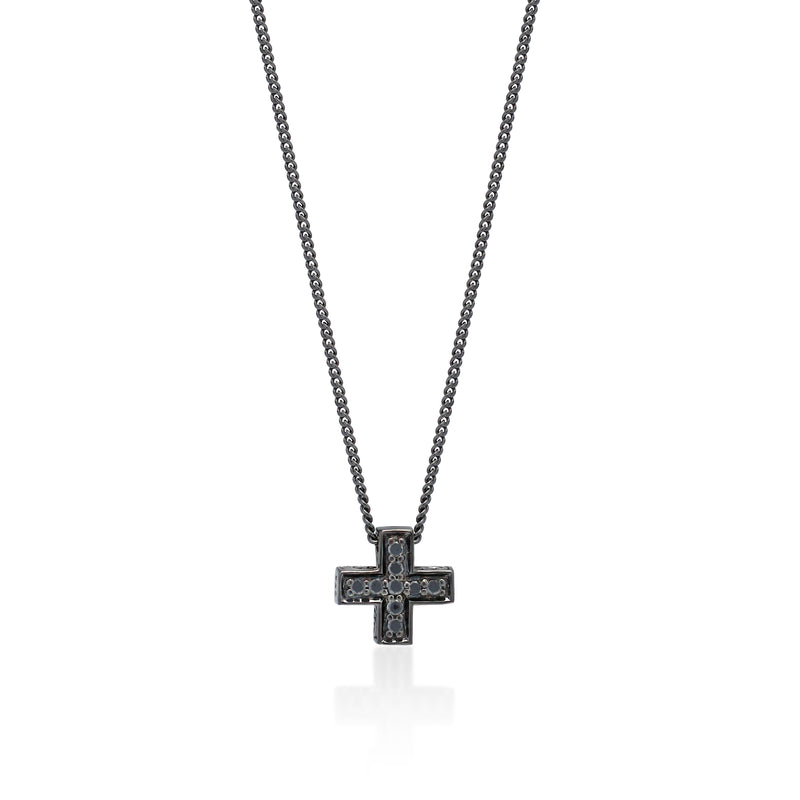 Small Black Diamond Cross Sign in Black Rhodium Plated Sterling Silver Necklace