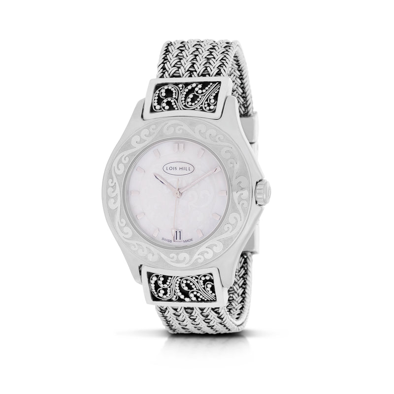 LH Scroll Engraved Round Bezel Watch with Sterling Silver Handwoven Textile Weave Band and Hand Granulation Scroll Edges (Only 1 pc left!)