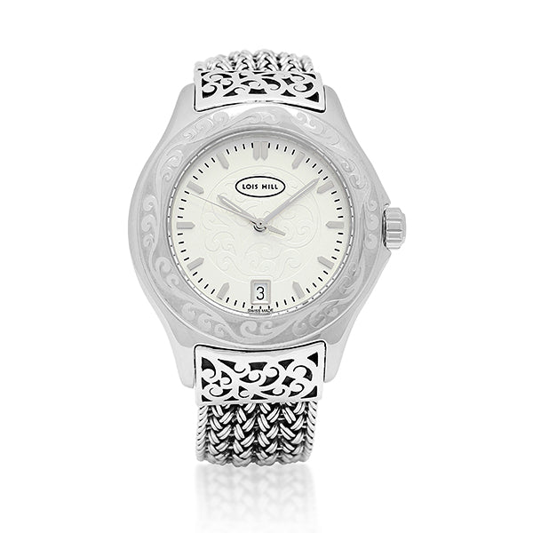 LH Scroll Engraved Round Bezel Watch with Sterling Silver Handwoven Textile Weave Band Hand Carved Scroll Edges