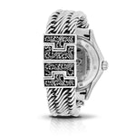 LH Engraved Scroll XL Round Bezel Watch with Sterling Silver Handwoven Figure-8 Weave Band and Hand Granulation LH Scroll Edges
