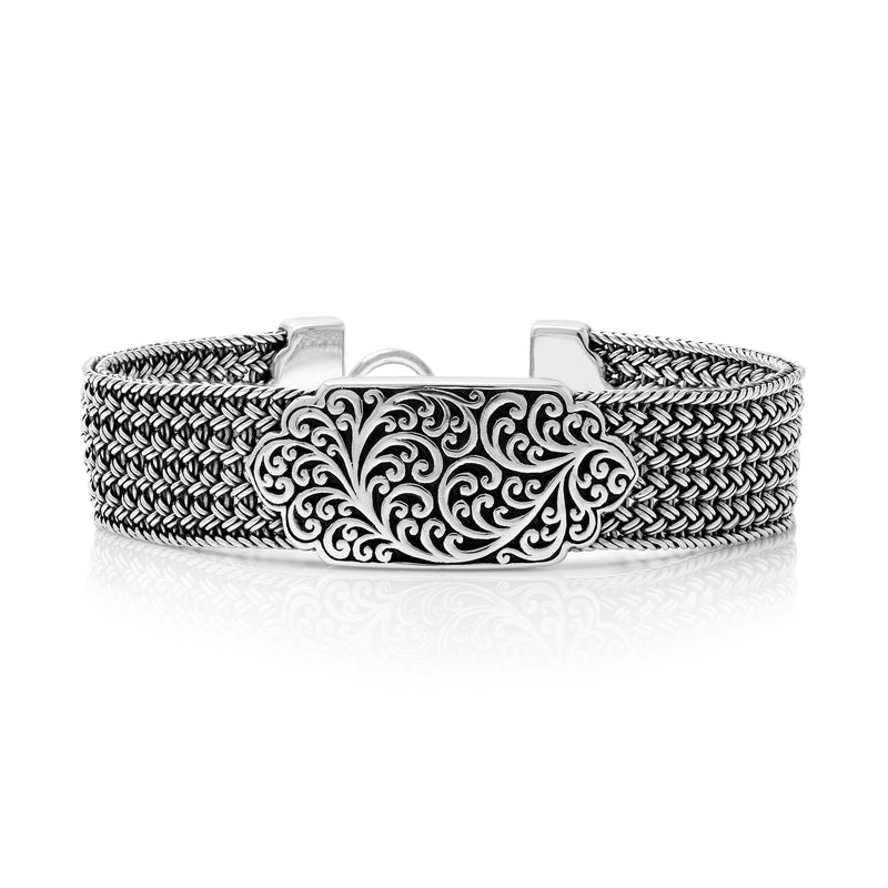 Intricate Textile Weave Bracelet (15mm) with Alhambra LH Scroll ID & Toggle Closure