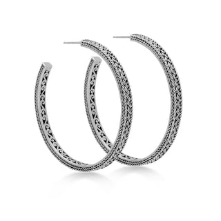 Textile Weave with Hand Carved Inside.  XL (50mm) Hoop Earrings