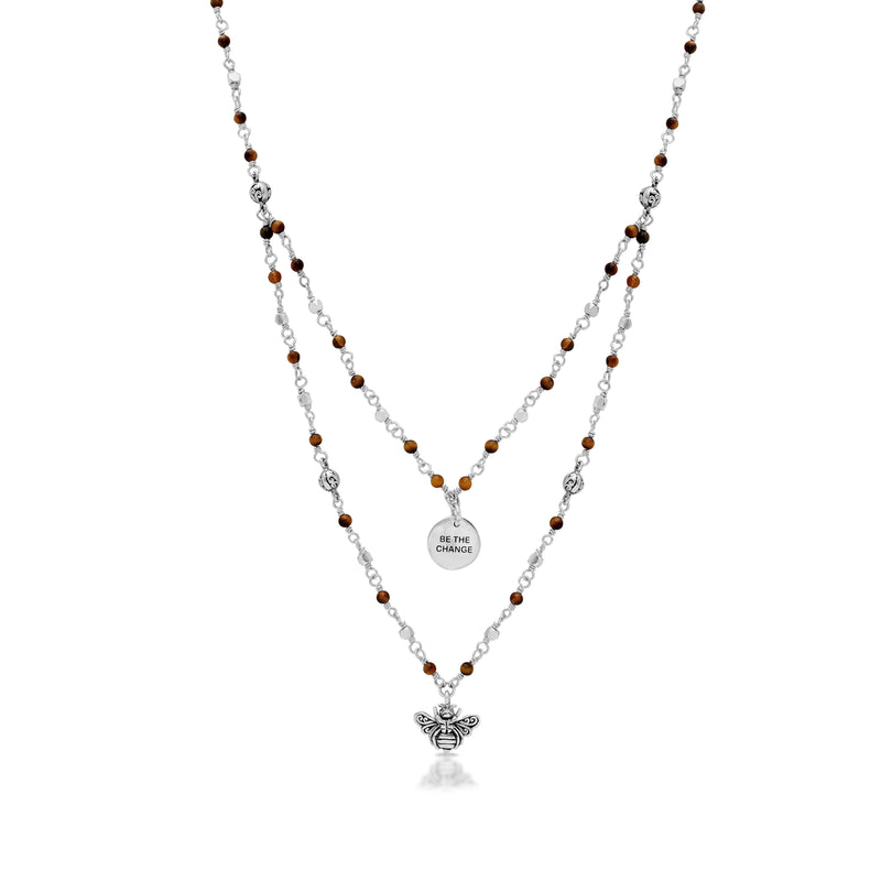 "Be The Change" with Bee Charm on Tiger-Eye Bead Double Layer Necklace