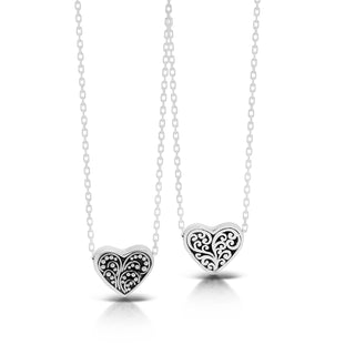 LH Sterling Silver Reversible Signature Scroll and Granulation Heart Pendant Necklace