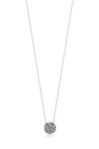 LH Signature Scroll Sterling Silver Delicate Round Pendant Necklace in 18" Adjustable Chain.  Pendant Size 10 mm - Lois Hill Jewelry