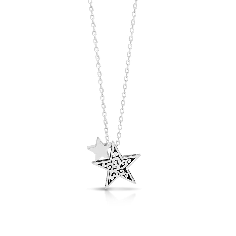 LH Signature Scroll Sterling Silver Delicate Double Stars Pendant Necklace in 18" Adjustable Chain.  Pendant size 13mm