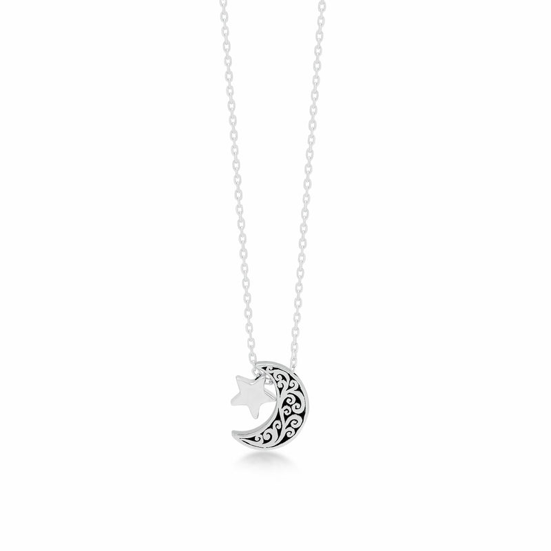 LH Singnature Scroll Petite Moon with Star Pendant Necklace