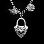 Shield Padlock with Heart Emblem & Winged Heart Charm Necklace