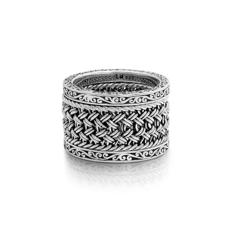 LH Scroll 9mm Textile Weave 3-Stack Ring (14mm total width)