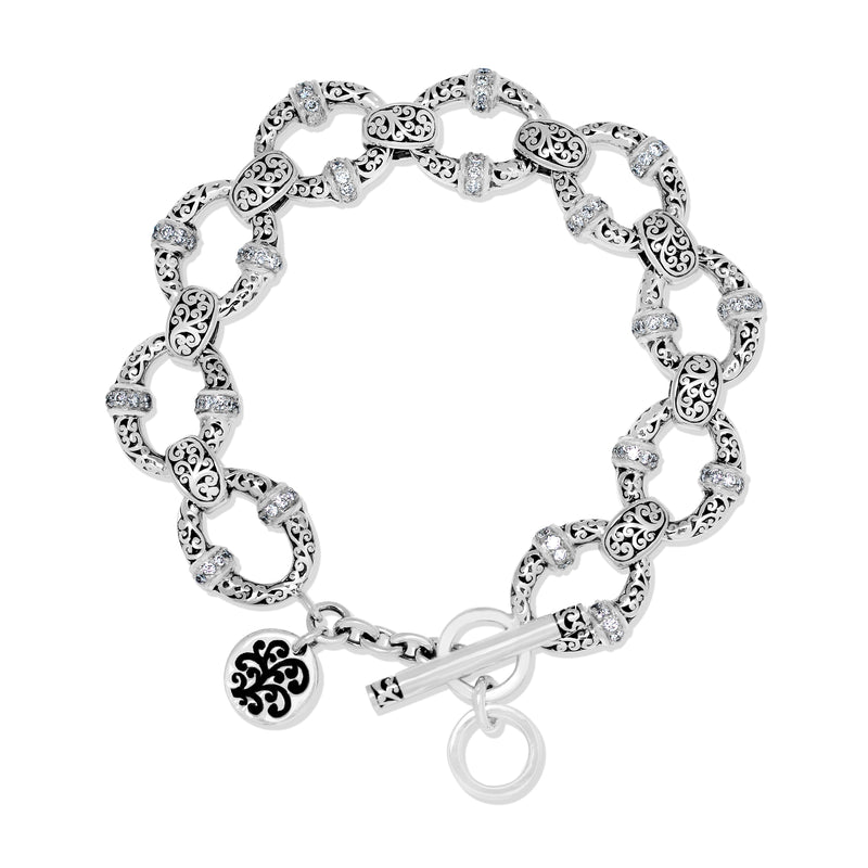 Medium Classic Signature Scroll Oval w/Diamond link Bracelet - Lois Hill Jewelry