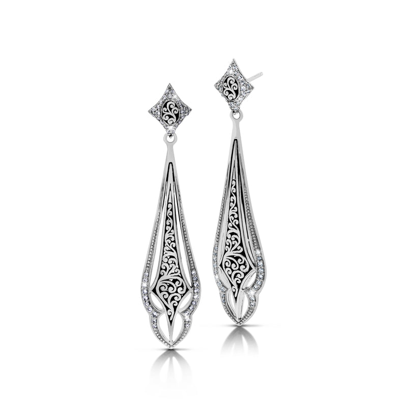 White Diamond (.20ct) Elongated Signature Scroll Sterling Silver Post Earrings