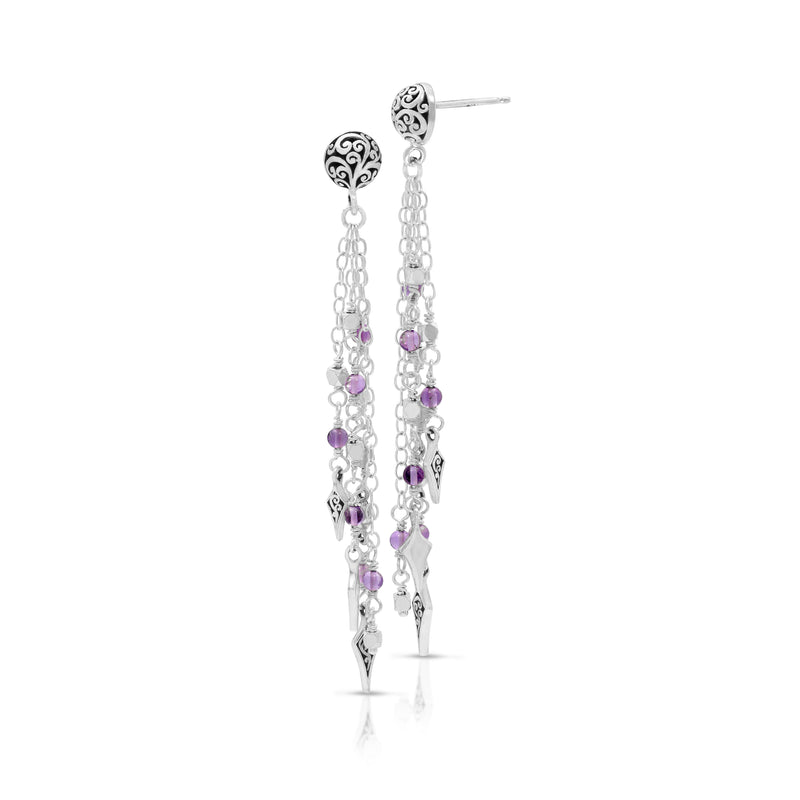 Rose-de-France Amethyst Beads on Four Strands Waterfall Dangle Post Earrings