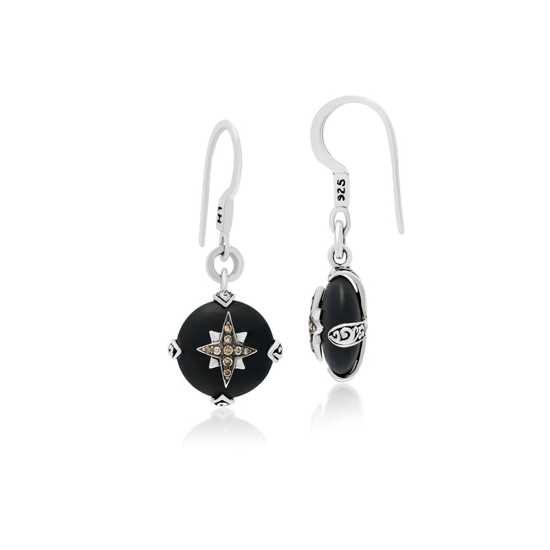 Brown Diamond (0.10 CT) Starburst on Round Black Onyx with Classic Signature Lois Hill Scroll Earrings (14mm*19mm)