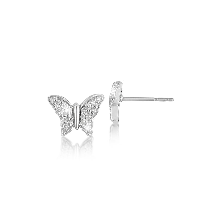 White Diamond Butterfly Stud Earrings in Sterling Silver