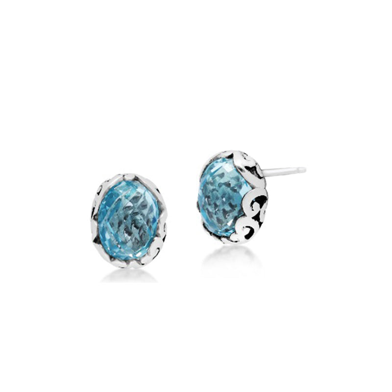 Small Oval Blue Topaz with Signature Scroll Post Earrings
