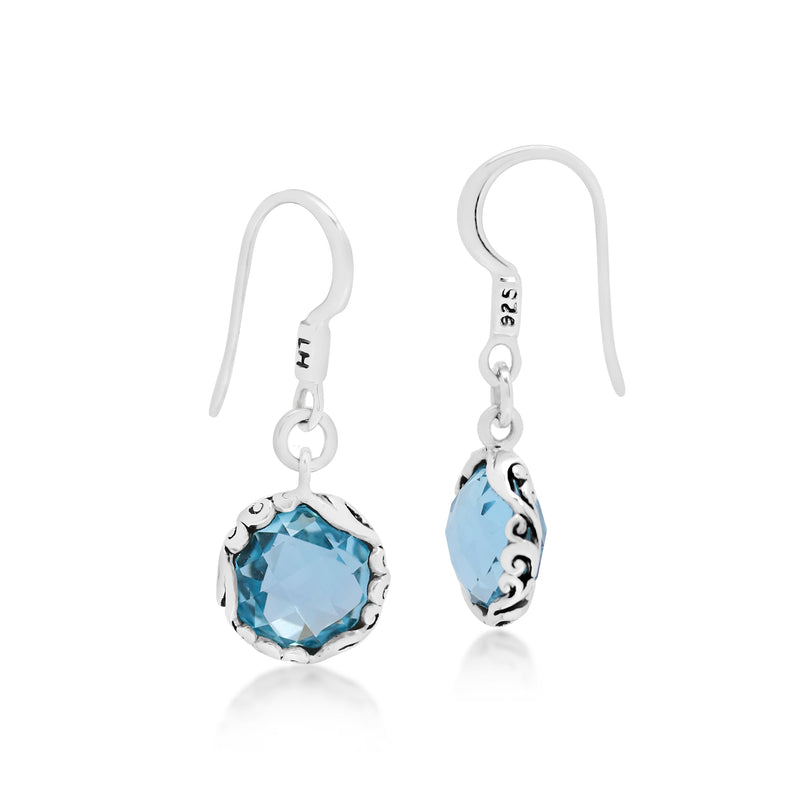 Blue Topaz with Signature Scroll Round Drop Fishook Earrings