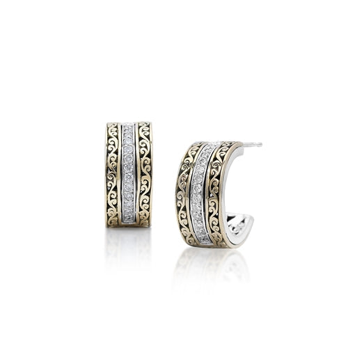18K Gold Flat Open Scroll, Diamond Hoop Earrings - Lois Hill Jewelry