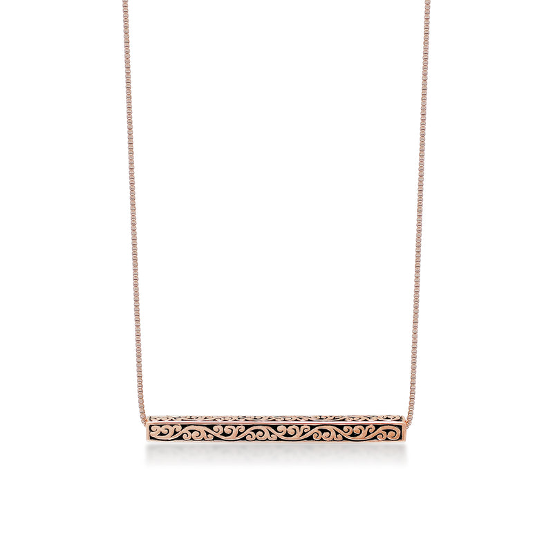 18K Rose Gold Horizontal Bar with Lois Hill Signature Scroll (30mm*3mm). Adjustable Chain 16"