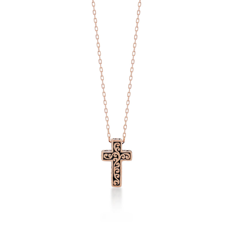 18K Rose Gold Classic Cross with Signature Lois Hill Scroll Necklace (7mm*11mm). Adjustable Chain 18"
