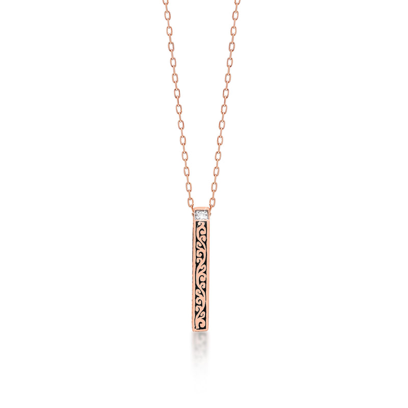 18K Rose Gold Bar and Diamond (0.01 CT) Sides with Signature Lois Hill Scroll Pendant Necklace (2mm*17mm)
