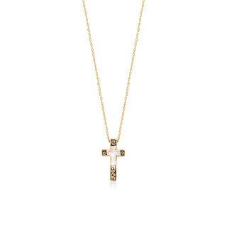 18K Gold Classic Scroll with White Diamond (0.04 CT) Cross Necklace (9mm*15mm)