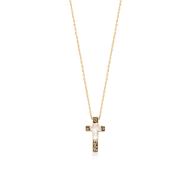 18K Gold Classic Scroll with White Diamond (0.04 CT) Cross Necklace (9mm*15mm)