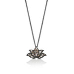 Small Brown Diamond (.20cts) Lotus Pendant Necklace in Black Rhodium Plated Sterling Silver