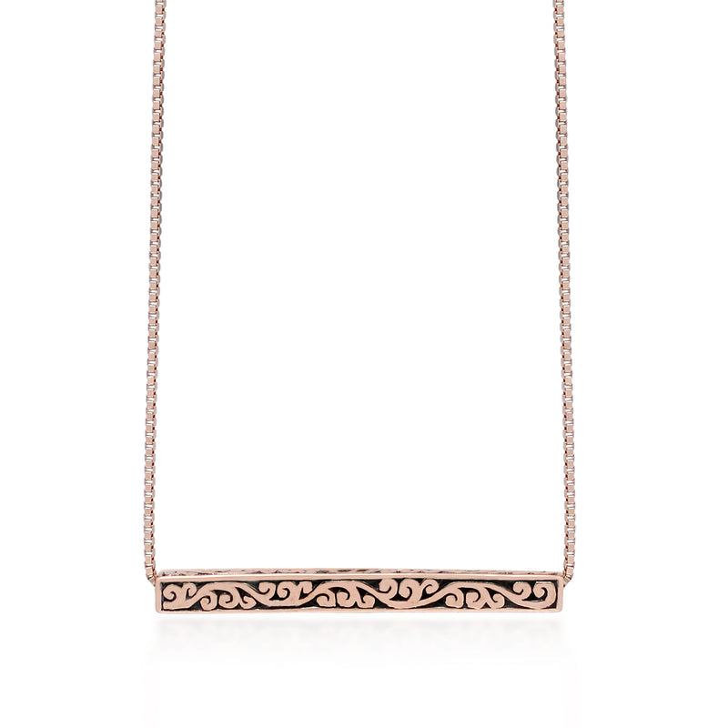18K Rose Gold Bar with Intricate Lois Hill Signature Scroll Neklace (25mm*2mm). Adjustable Chain 18"