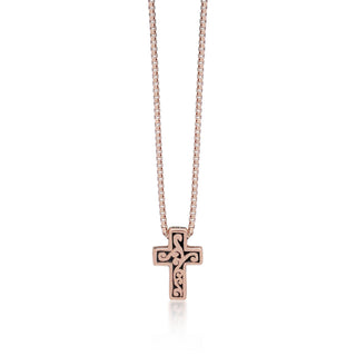 18K Rose Gold Cross with Signature Lois Hill Scroll Necklace. Adjustable Chain 18"