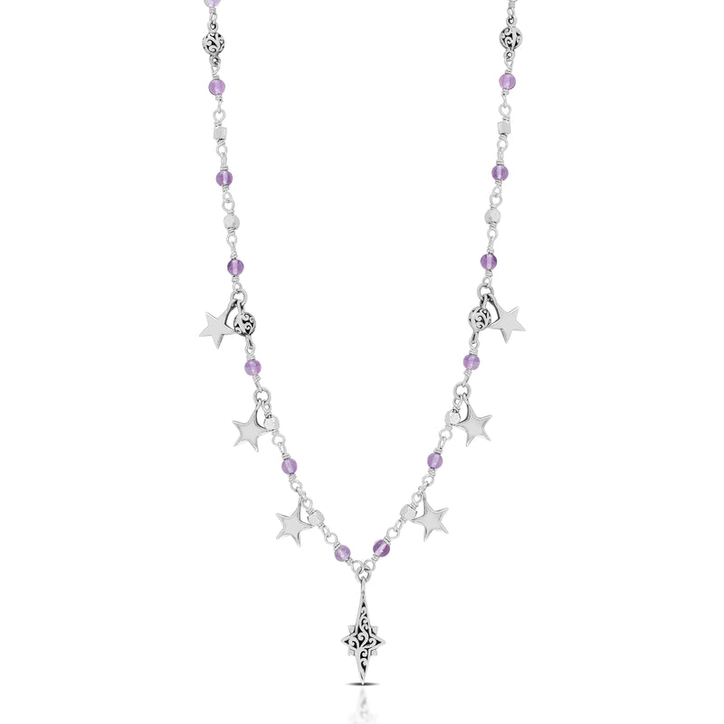 Rose-de-France Amethyst Beads with Star Charms & Starburst Pendant Necklace (17"-20")
