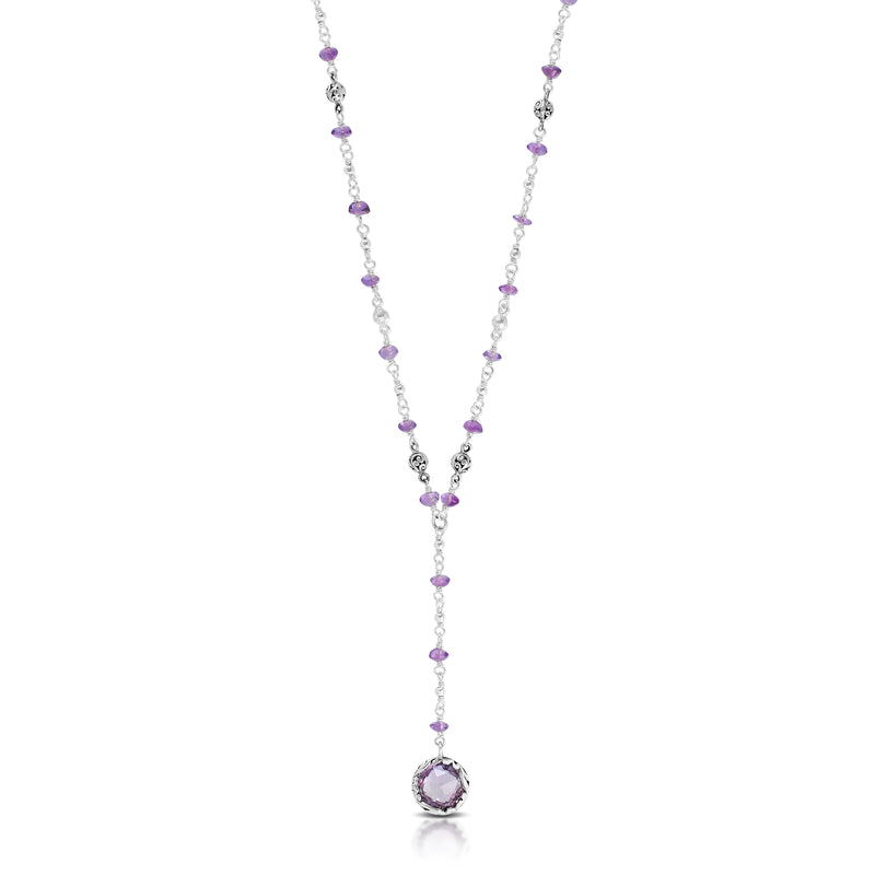 Rose-de-France Amethys Beads  With 10 mm Round  Amethys Pendant Lariat Wire-Wrapped Necklace (17"-20")