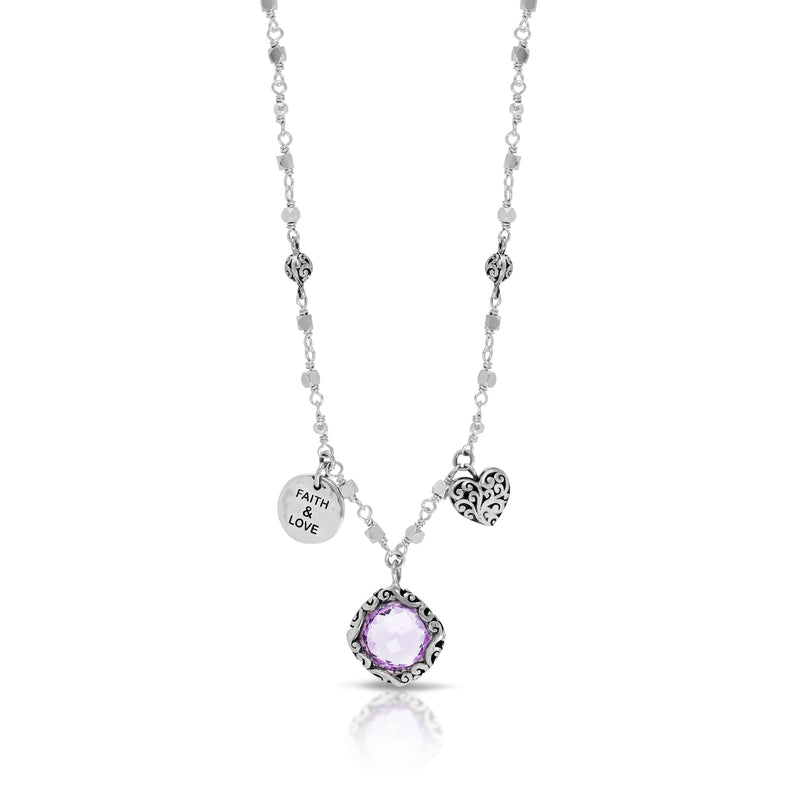 Rose-de-France Amethyst Pendant with "Faith & Love" and Scroll Heart Charm Elegant Necklace (17" -20")