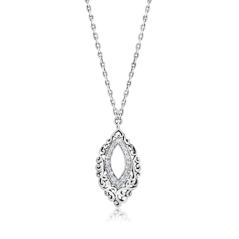 Classic Signature Open Scroll with White Diamond Accent Marquise Pendant Necklace