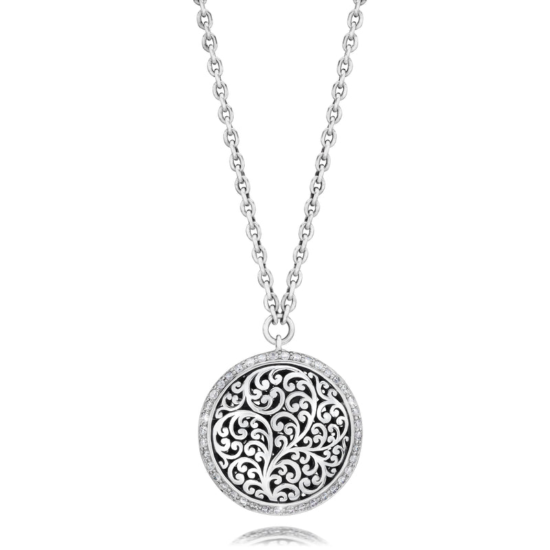 Medium Round Classic Signature Scroll with White Diamond Border Pendant Necklace