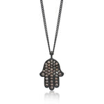 Brown Diamond Hamsa Pendant Necklace in Black Rhodium Plated Sterling Silver