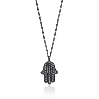 Black Diamond Hamsa Pendant Necklace in Black Rhodium Plated Sterling Silver
