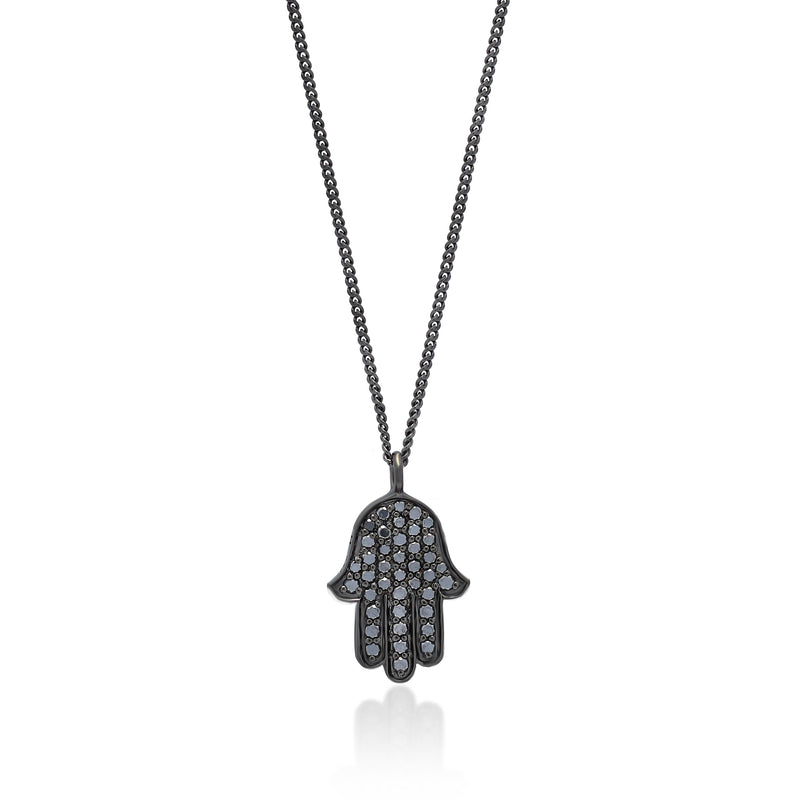 Black Diamond Hamsa Pendant Necklace in Black Rhodium Plated Sterling Silver
