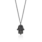 Black Diamond Hamsa Pendant Necklace in Black Rhodium Plated Sterling Silver