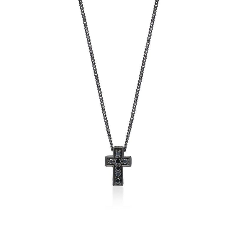 Small Black Diamond Cross Pendant Necklace in Black Rhodium Plated Sterling Silver