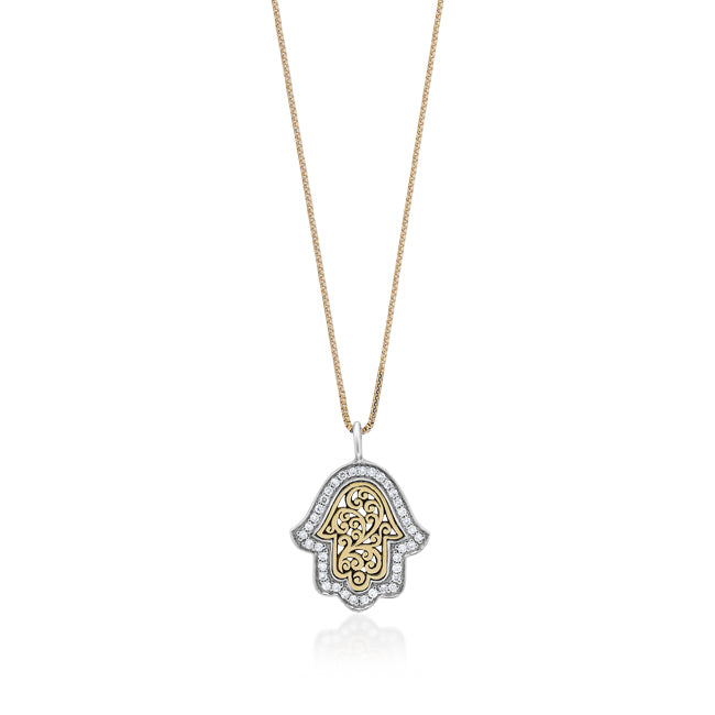 18K Open Hamsa and White Diamond (0.16 CT) Outline with Classic Signature Lois Hill Scroll Pendant Necklace (15mm*16mm)