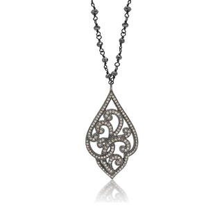 Brown Diamond (7.58 CT) with Classic Signature Lois Hill Open Scroll Stylized on Roughcut Black Diamond Bead Teardrop Pendant Necklace (22mm*37mm)