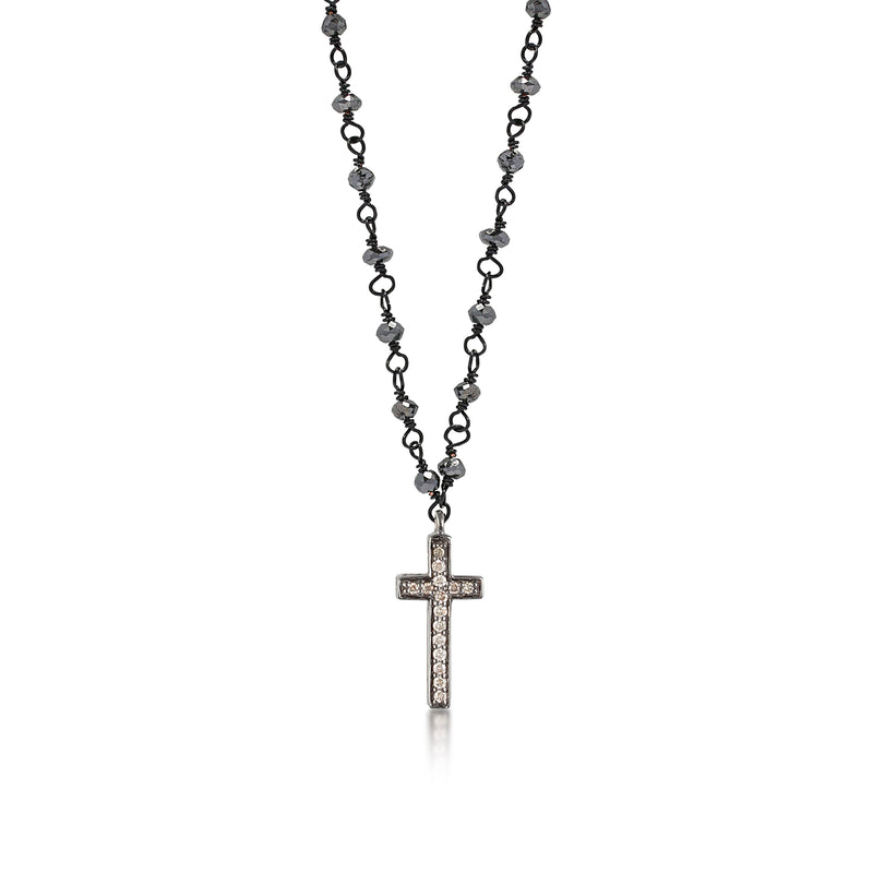 Brown Diamond (6.24 CT) Cross Pendant on Black Diamond Bead Necklace (7mm*17mm)