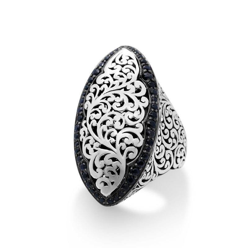 Marquise Black Sapphire Border (0.68 CT) with Classic Signature Lois Hill Scroll in Tapered Band Ring