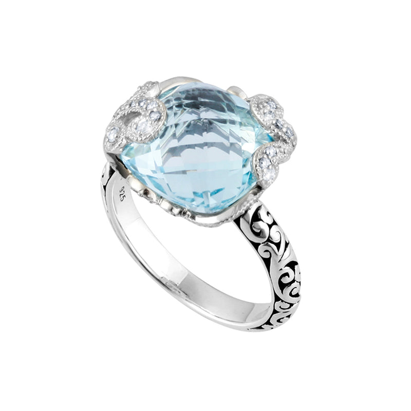 Classic Signature Scroll Square Blue Topaz with White Diamond Accents Cocktail Ring