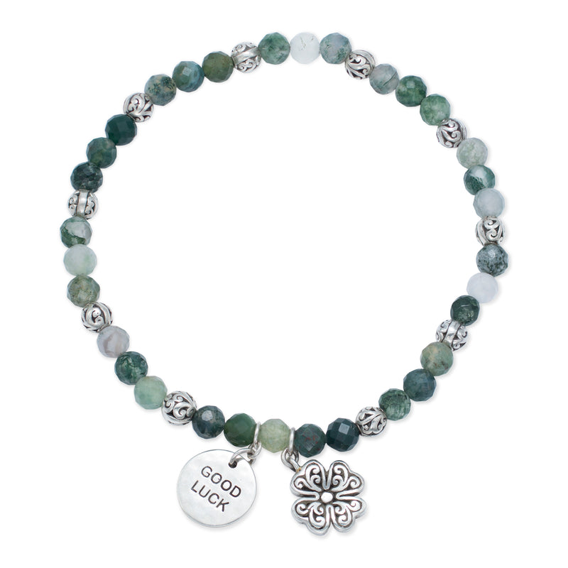 "Good Luck" Charm with LH Scroll Leaf Clover Moss Agate 4mm Stretch Bracelet